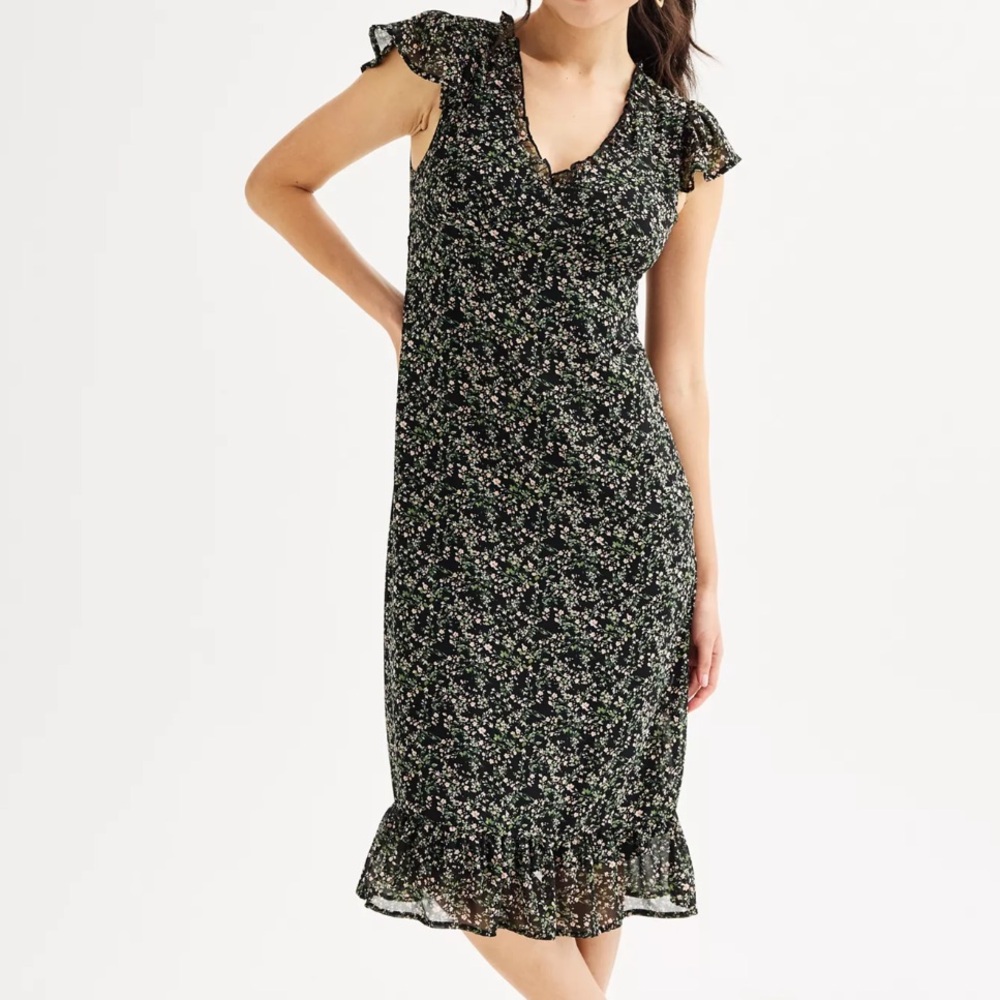 Spoiled Black and White Sheath Midi Dress with Flutter Sleeves